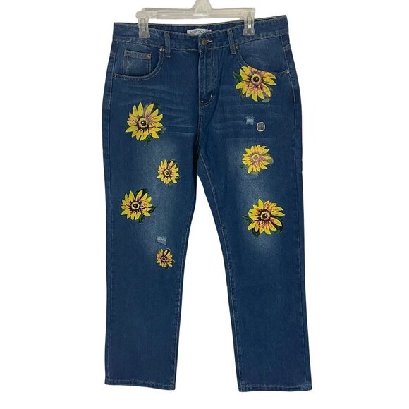 Misslook Women's Sunflower Floral Jeans Straight Leg Size L (31 x 30) NWT - Picture 1 of 9